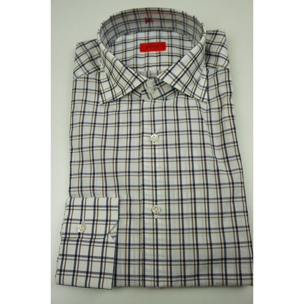 Isaia White Navy Cinnamon Plaid Long Sleeve Cotton Dress Shirt 15.5/39 NEW